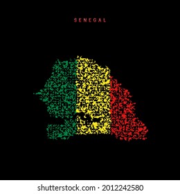 Senegal flag map, chaotic particles pattern in the colors of the Senegalese flag. Vector illustration isolated on black background.