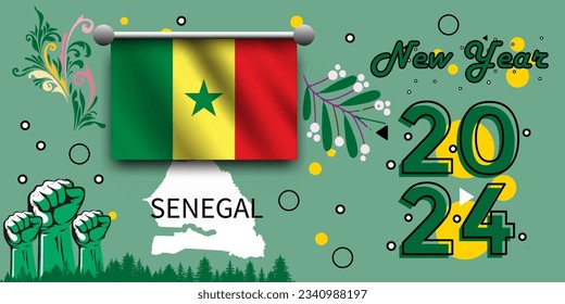 senegal flag and map fist raised. National Day or Independence Day created for senegalian celebration.happy new year 2024.new year 2024.Modern vintage design with abstract background. Vector image.