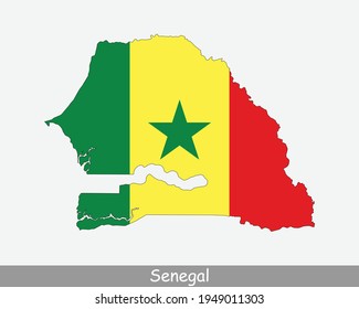 Mapa de la bandera de Senegal. Mapa de la República de Senegal con la bandera nacional senegalesa aislada en un fondo blanco. Ilustración vectorial.