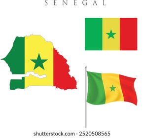 Senegal Flag and Map. Map of the Republic of Senegal with the Senegalese country banner. Vector Illustration. Senegal flag made in brush stroke background. National day of Senegal 