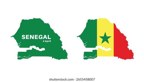  Bandera de Senegal y conjunto de mapas. Bandera de Senegal en colores y proporciones oficiales., Mapa