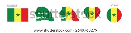 senegal flag and map set. senegal flag in official colors and proportions. independence day 4 april, map, circle and heart shaped senegal