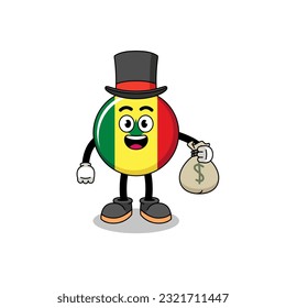 senegal flag mascot illustration rich man holding a money sack , character design