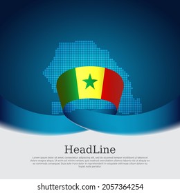 Bandera de Senegal, mapa de mosaicos sobre fondo blanco azul. Cinta ondulada con la bandera senegal. Diseño de pancartas vectoriales, afiche nacional. Folleto de negocios. Folleto patriótico del estado senegalés