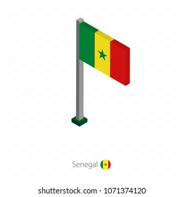 Senegal Flag on Flagpole in Isometric dimension. Isometric blue background. Vector illustration.