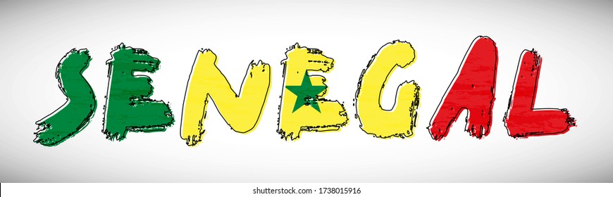 Senegal flag on text typography. Country name banner strip. Creative typography background