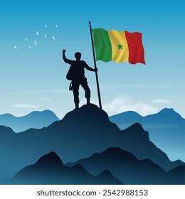 Senegal Flag raised on a mountain peak with clear sky in the background, vector illustration