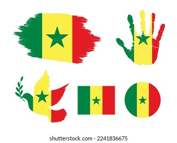 Senegal flag set, flag of Senegal collection. Flag in grunge, Dove, Handprint, square and round shape. vector illustration
