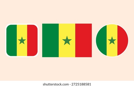Senegal flag set of icons. A set of flags in square, rectangular and round shapes. Flag icon. Vector illustration