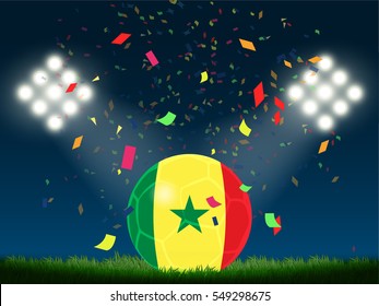 Senegal flag in soccer ball with confetti in stadium to celebrate for football match in night time with spot light backdrop, This design for sport template , banner in vector illustration