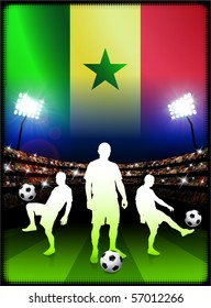 Senegalesische Flagge mit Fußballspieler auf Stadionhintergrund Originalillustration