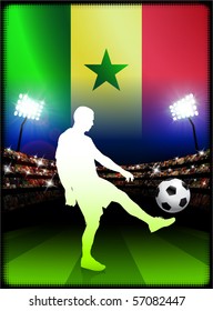 Senegal Flag with Soccer Player on Stadium Background Original Illustration