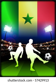 Senegal Flag with Soccer Player on Stadium Background Original Illustration