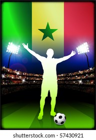 Senegal Flag with Soccer Player on Stadium Background Original Illustration