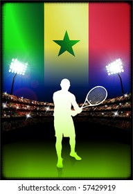Senegal Flag with Tennis Player on Stadium Background Original Illustration