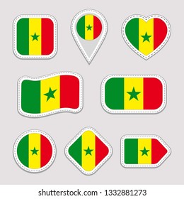 Senegal flag vector set. Senegalese stickers collection. Isolated geometric icons. Country national symbols badges. Web, sport page, patriotic, travel design elements. Different shapes