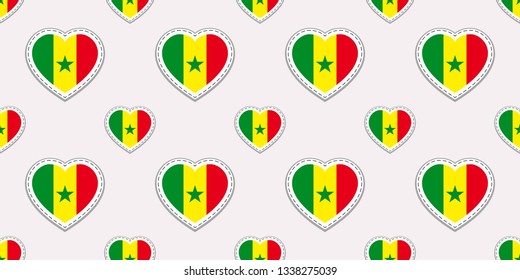 Senegal flags background. Senegalese flag seamless pattern stikers. Love hearts symbols. Good choice for sports pages, travel, school geographic, cartographic elements. patriotic wallpaper