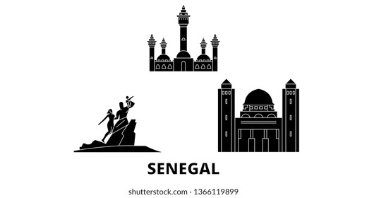 Senegal flat travel skyline set. Senegal black city vector illustration, symbol, travel sights, landmarks.