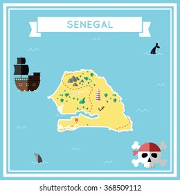Senegal flat treasure map. Colorful cartoon treasure map of Senegal with flat icons of pirate ship, jolly roger, treasure chest and banner ribbon. Flat design vector illustration.