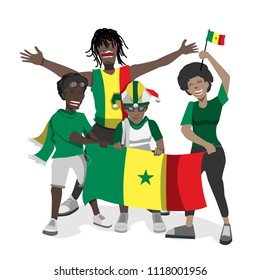 Senegal football fans. Cheerful soccer fans, supporters crowd and Senegal flag.