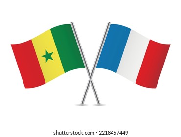 Senegal and France crossed flags. Senegalese and French flags on white background. Vector icon set. Vector illustration.