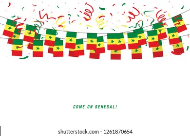 Senegal garland flag with confetti on white background, Hang bunting for Senegal celebration template banner.