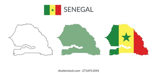 Fronteiras geográficas do Senegal isoladas sobre fundo branco. Bandeira do Senegal. Cliparts planas vetoriais.