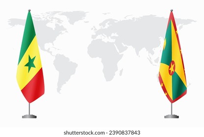 Senegal and Grenada flags for official meeting against background of world map.