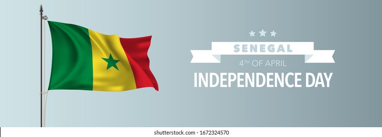 Senegal happy independence day greeting card, banner vector illustration. Senegalese national holiday 4th of April design element with waving flag on flagpole