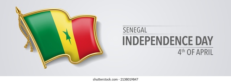 Senegal glückliche Unabhängigkeit Tag Grußkarte, Banner mit Vorlage Text Vektorgrafik. Senegalesischer Gedenkurlaub 4. April Design-Element mit 3D-Flagge mit Streifen