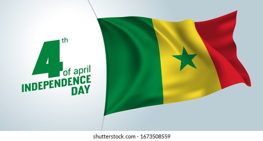 Senegal independence day greeting card, banner, vector illustration. Senegalese holiday 4th of April design element with waving 3D flag on a flagpole as a symbol of independence