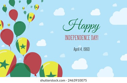 Senegal Independence Day Sparkling Patriotic Poster. Row of Balloons in Colors of the Senegalese Flag. Greeting Card with National Flags, Blue Skyes and Clouds.