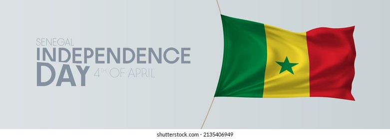 Cartel vectorial del día de la independencia de Senegal, tarjeta de saludo. Bandera ondulada senegalesa en el diseño horizontal del 4 de abril de fiesta patriótica nacional