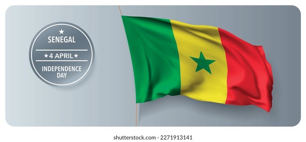 Senegal independence day vector banner, greeting card. Senegalese wavy flag in 4th of April national patriotic holiday horizontal design