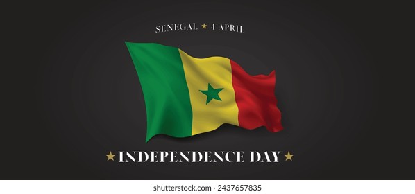 Senegal independence day vector banner, greeting card. Senegalese wavy flag in 4th of April patriotic holiday horizontal design with realistic flag