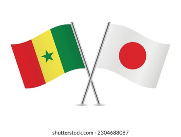 Senegal and Japan crossed flags. Senegalese and Japanese flags on white background. Vector icon set. Vector illustration. 