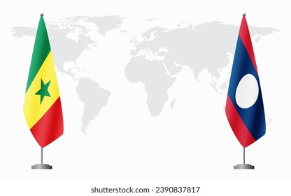 Senegal and Laos flags for official meeting against background of world map.