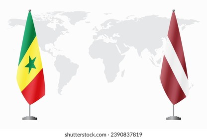 Senegal and Latvia flags for official meeting against background of world map.