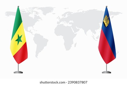 Senegal and Liechtenstein flags for official meeting against background of world map.