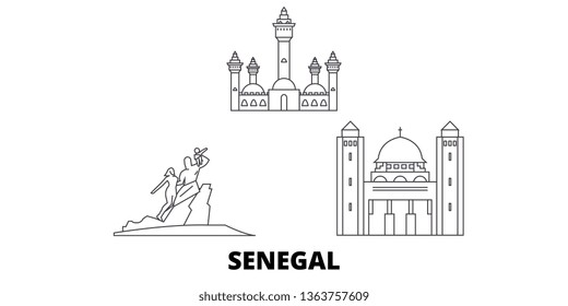 Senegal line travel skyline set. Senegal outline city vector illustration, symbol, travel sights, landmarks.