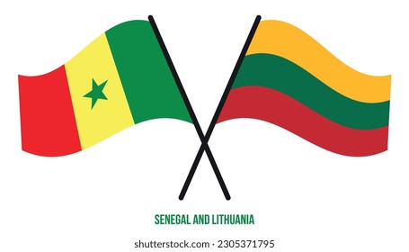 Banderas de Senegal y Lituania cruzadas y ondeadas de estilo plano. Proporción oficial. Colores correctos.
