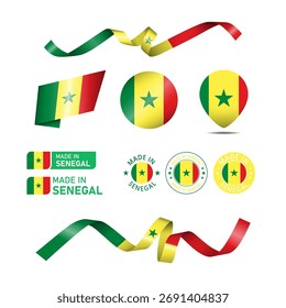 Senegal made in logo. Set of design flags label icon, stripes, ribbons