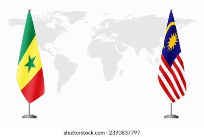 Senegal and Malaysia flags for official meeting against background of world map.