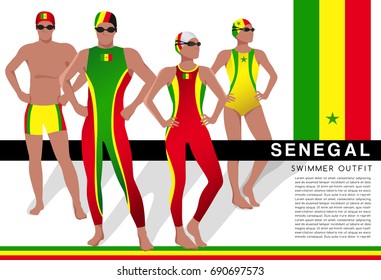 Senegal : Male and Female Swimmers : Swimmers in National Swimsuits : Vector Illustration