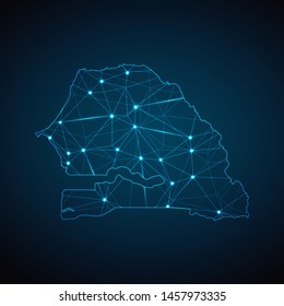 Senegal Map - Abstract geometric mesh polygonal network line, structure and point scales on dark background with lights in the form of cities. Vector illustration eps 10.