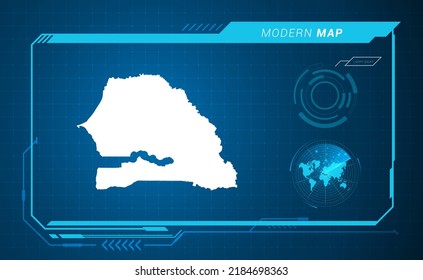 Senegal map of blue digital frame HUD, GUI, UI interface technology radar vector.