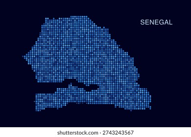 Senegal Map - Blue Dotted Halftone Vector Illustration on Dark Navy Background, Abstract Circle Grid Silhouette Design for Infographic and Modern Presentation Use.