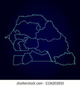 Senegal map: blue glitter outline with sparkling stars on dark background. Detailed map of Senegal. Vector illustration.