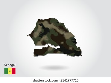 senegal map with camouflage pattern, Forest - green texture in map. Military concept for army, soldier and war. coat of arms, flag.