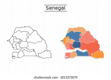 Senegal map city vector divided by colorful outline simplicity style. Have 2 versions, black thin line version and colorful version. Both map were on the white background.